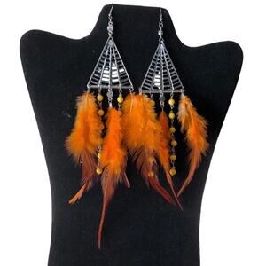 Boho Chic Pattern Metal Chandelier With Beads And Orange Feathers Earrings